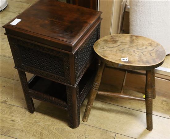 An Indian carved box occasional table and elm stool